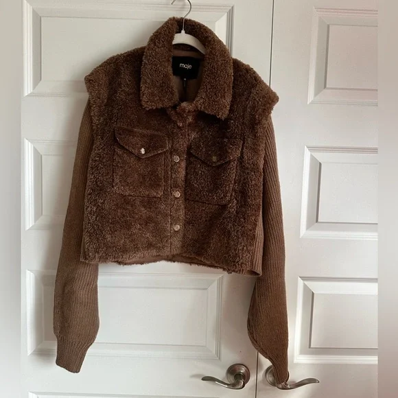 Maje Belia Faux Fur Jacket in Brown NWT Size 40 Large - Picture 8 of 10